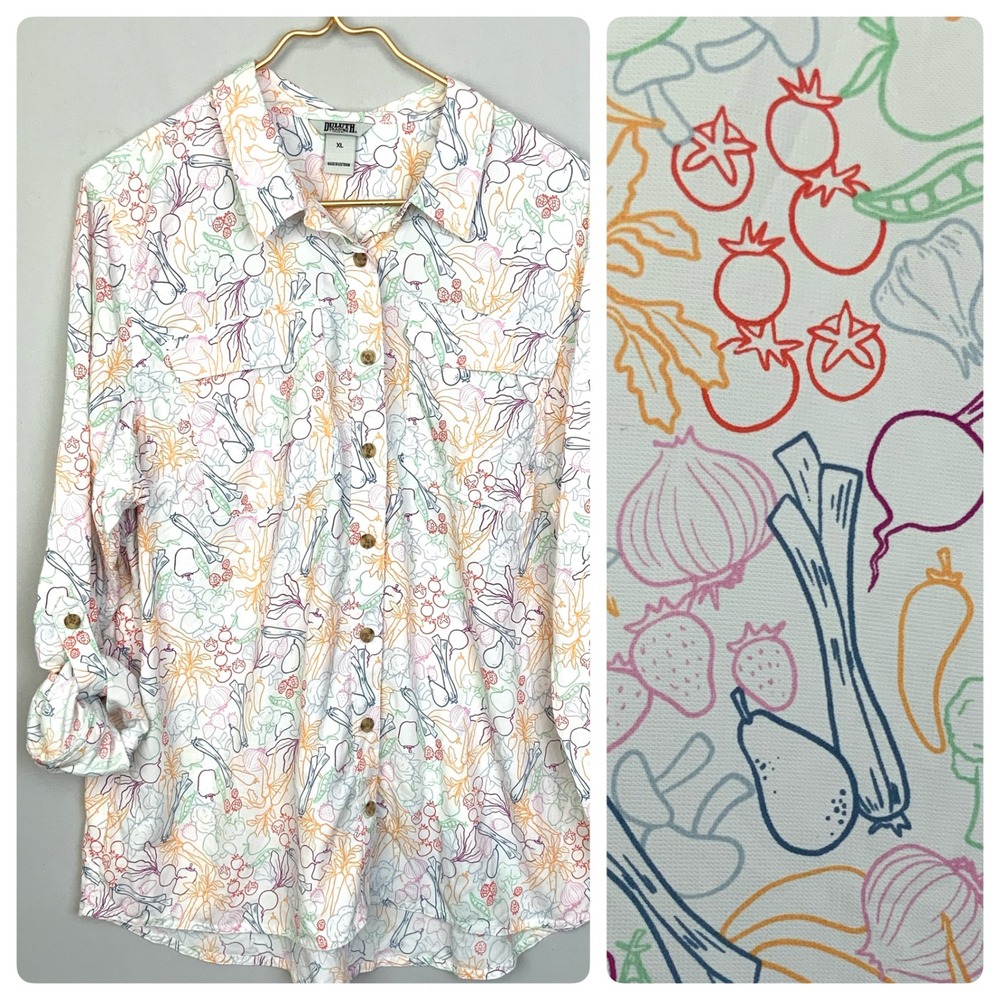 Duluth Trading Co. Sz XL Armachillo Garden Vegetable Fruit Roll Tab Sleeve Shirt